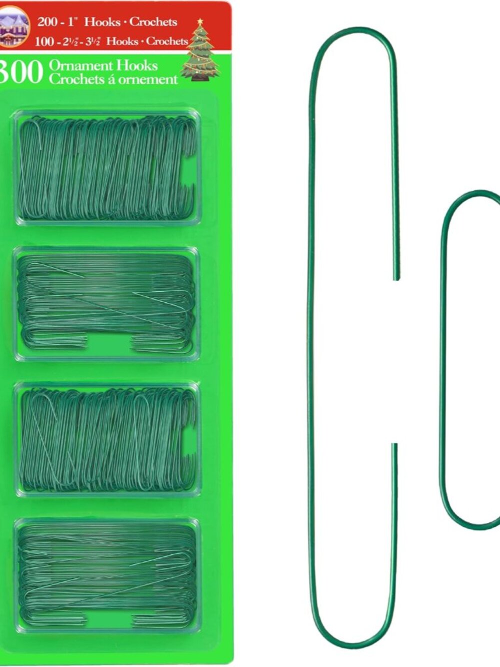 Green Christmas Tree Ornament Hooks - Metal Wire Decoration Hanging 300 Pk